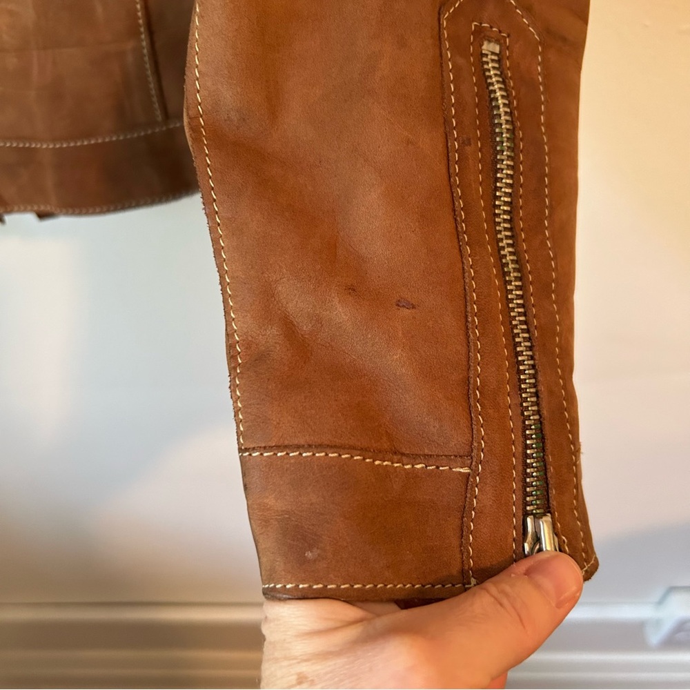 Roots Tan Brown Nubuck Leather Moto Jacket Tab Collar Zip Up - Sz 6 - Picture 15 of 16